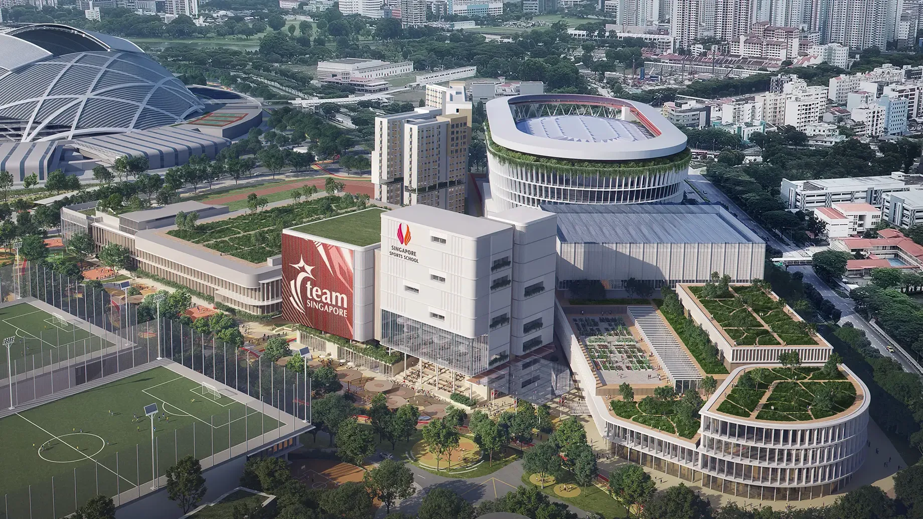 Tennis courts, stadiums and buildings set among treelined streets