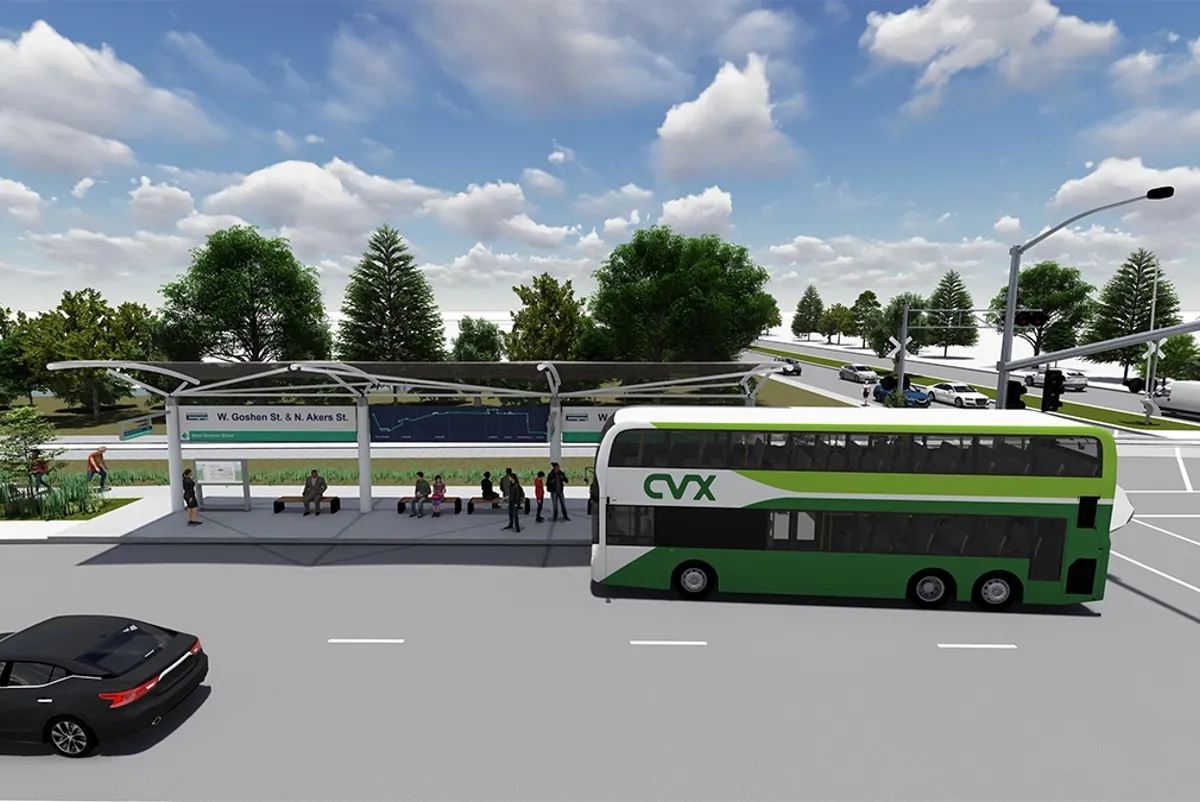 Rendering of a bus pulling up to a bus stop with people waiting