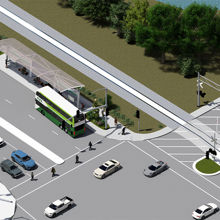 A high angle view of cars and a bus at an intersection