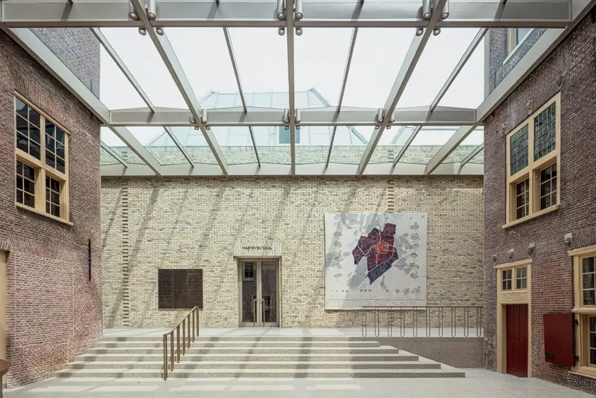 The atrium of Lakenhal museum with a glass roof