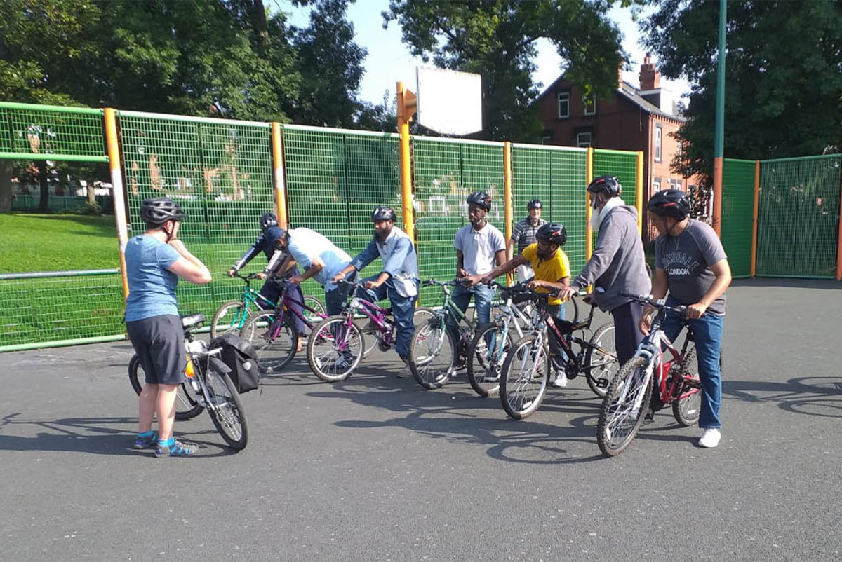 A group of stationary cyclists