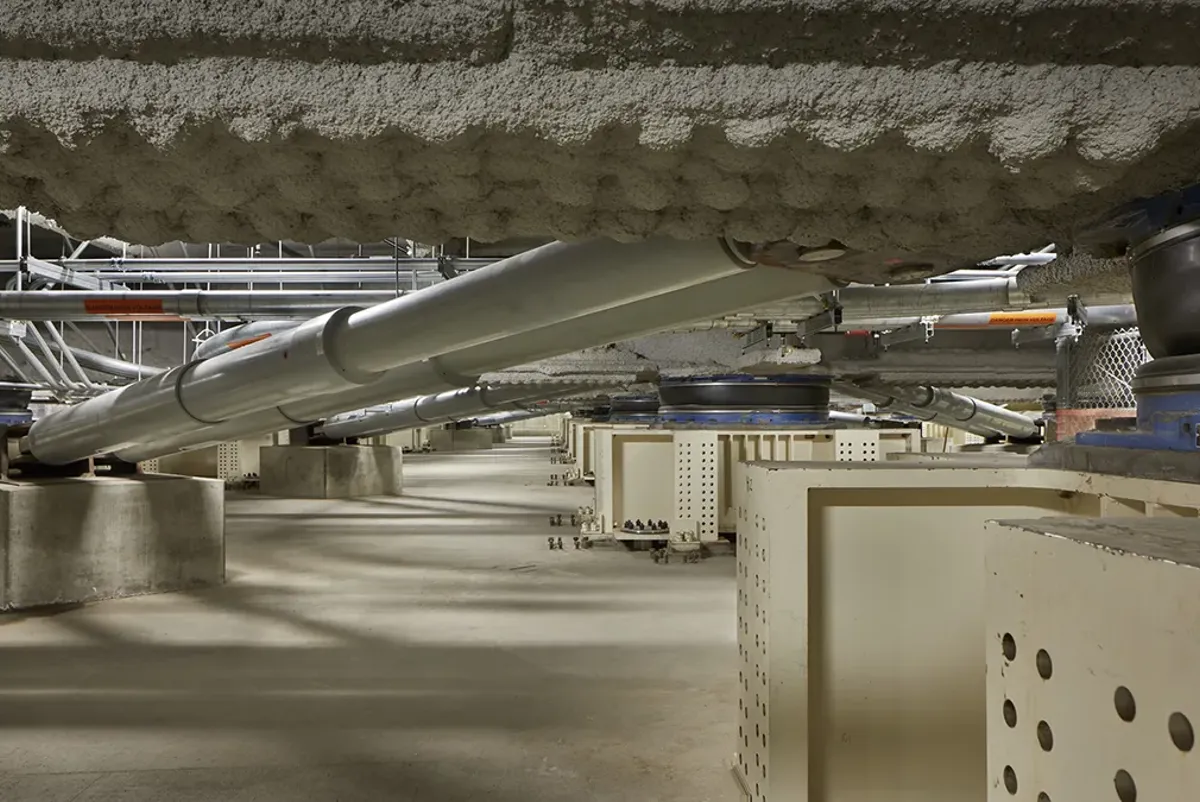 A large pipe across the ceiling