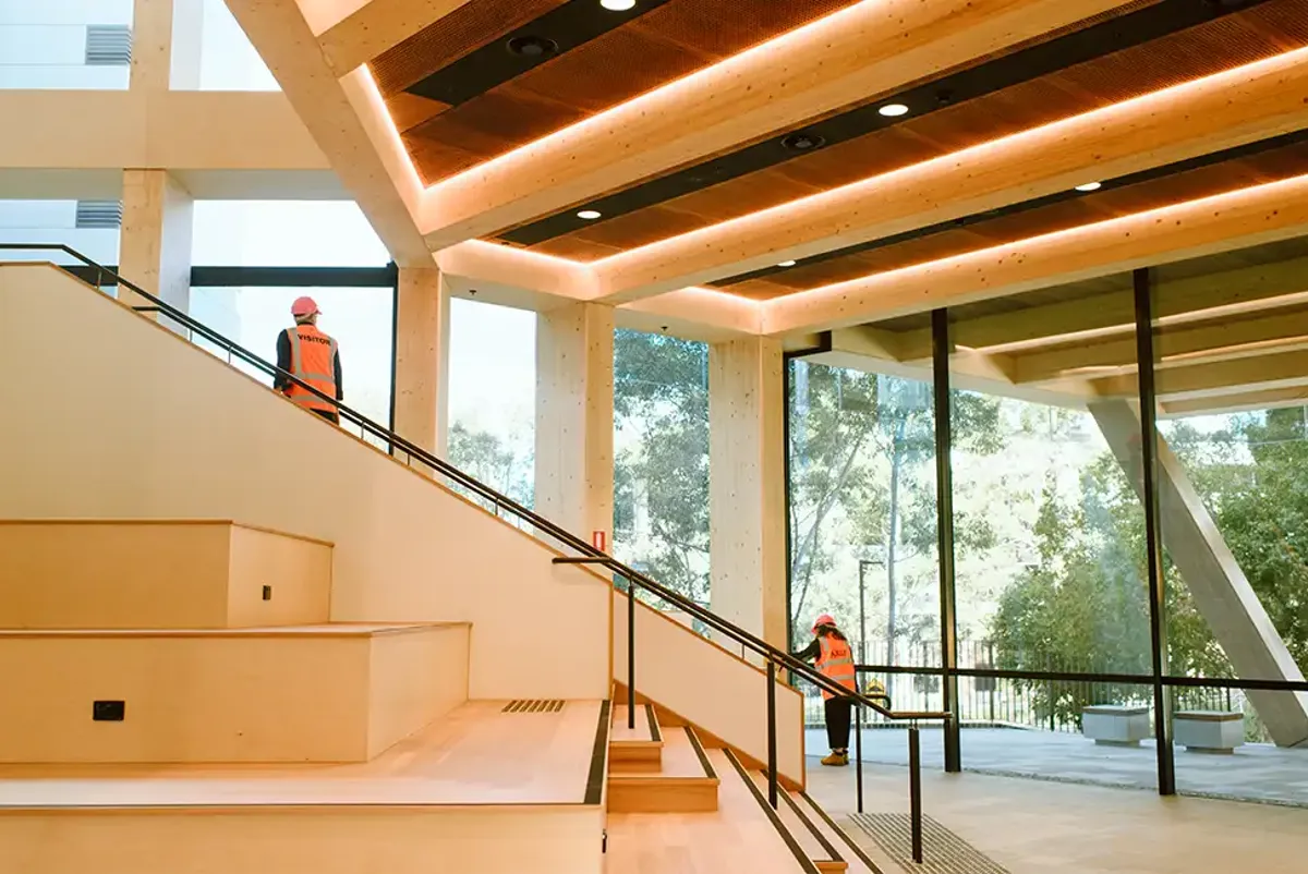 Timber staircase inside the Macquarie University Ainsworth Building