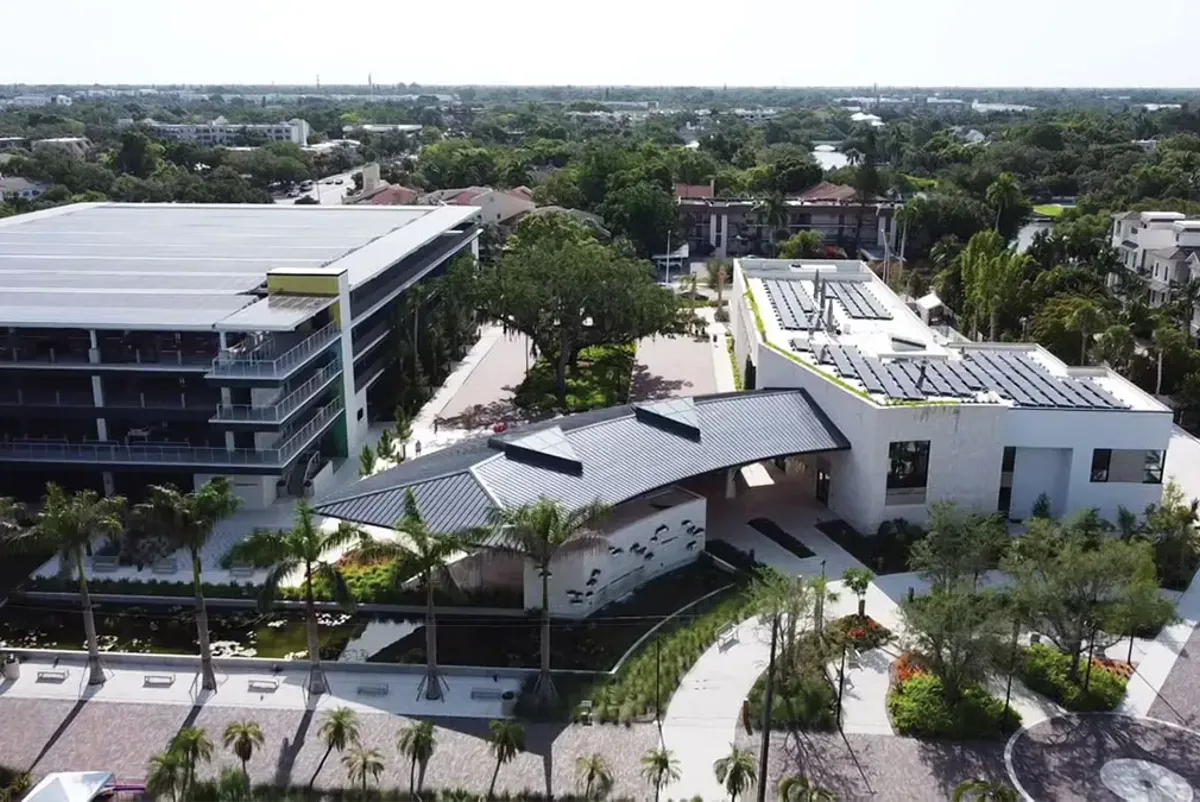 A high angle view of the botanical gardens.