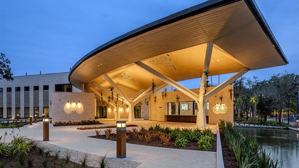 A building with a large roof.