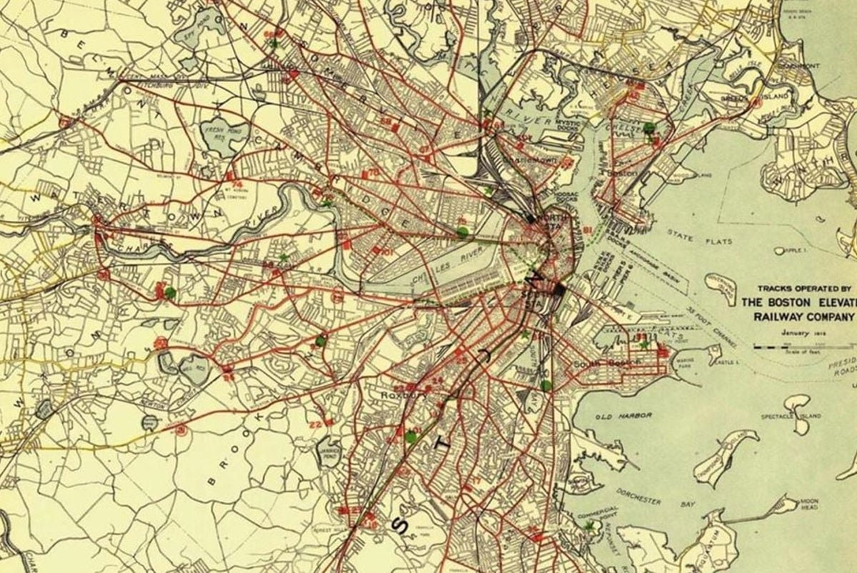 Early 20th Century streetcar map of Boston