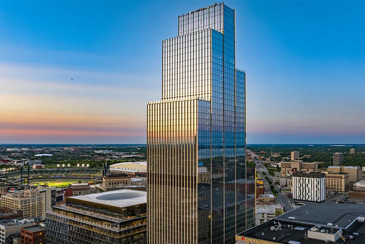 A tall glass building.