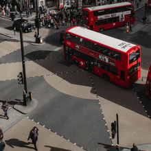 Buses and pedestrians at Oxford Circus in London