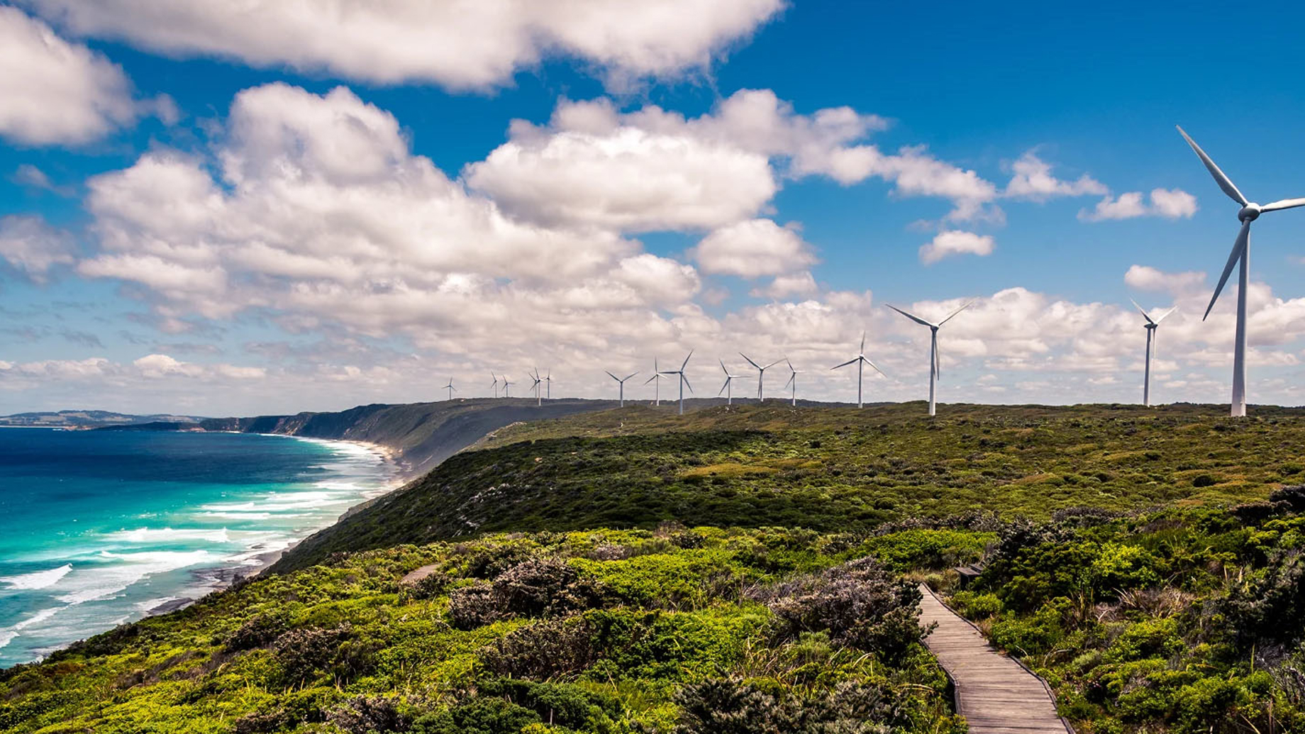 Ocean coast of Albany Western Australia with green scrub and wind turbines in the distance. Credit: Getty