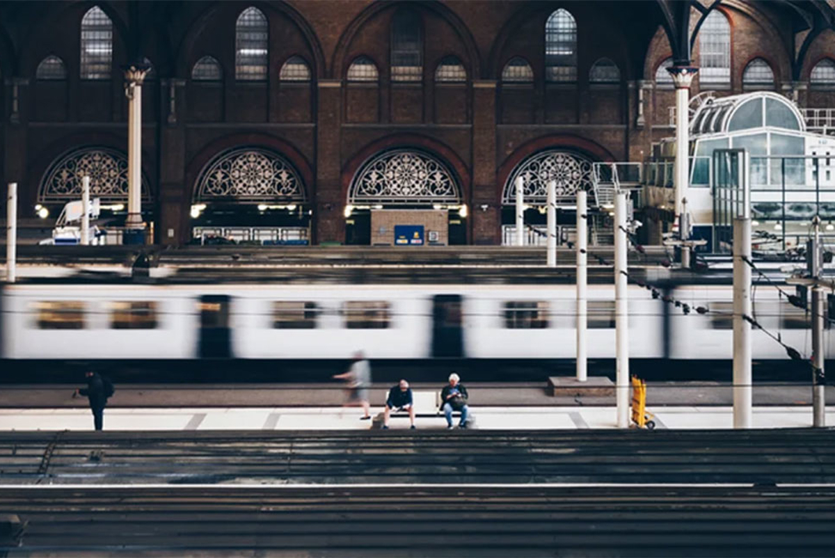 Train passing through a station