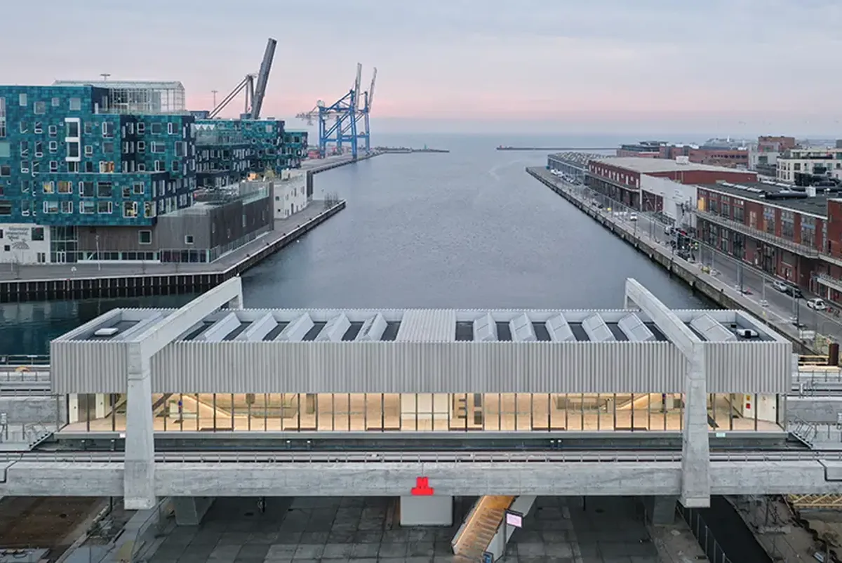 Exterior of a train station on the shoreline