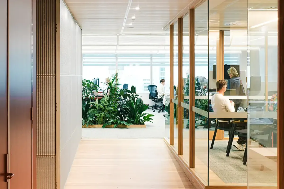 Meeting room with glass panels alongside corridor leading to work desks.