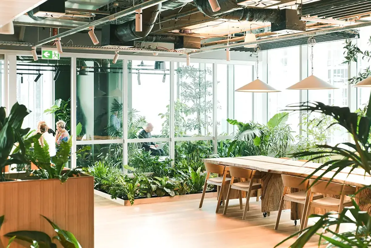 Indoor-outdoor space with tables and garden beds set within a modern workplace