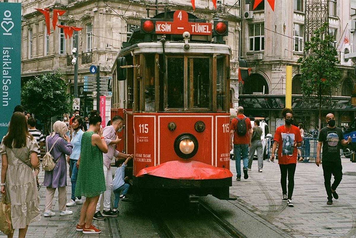 Tram in a city centre