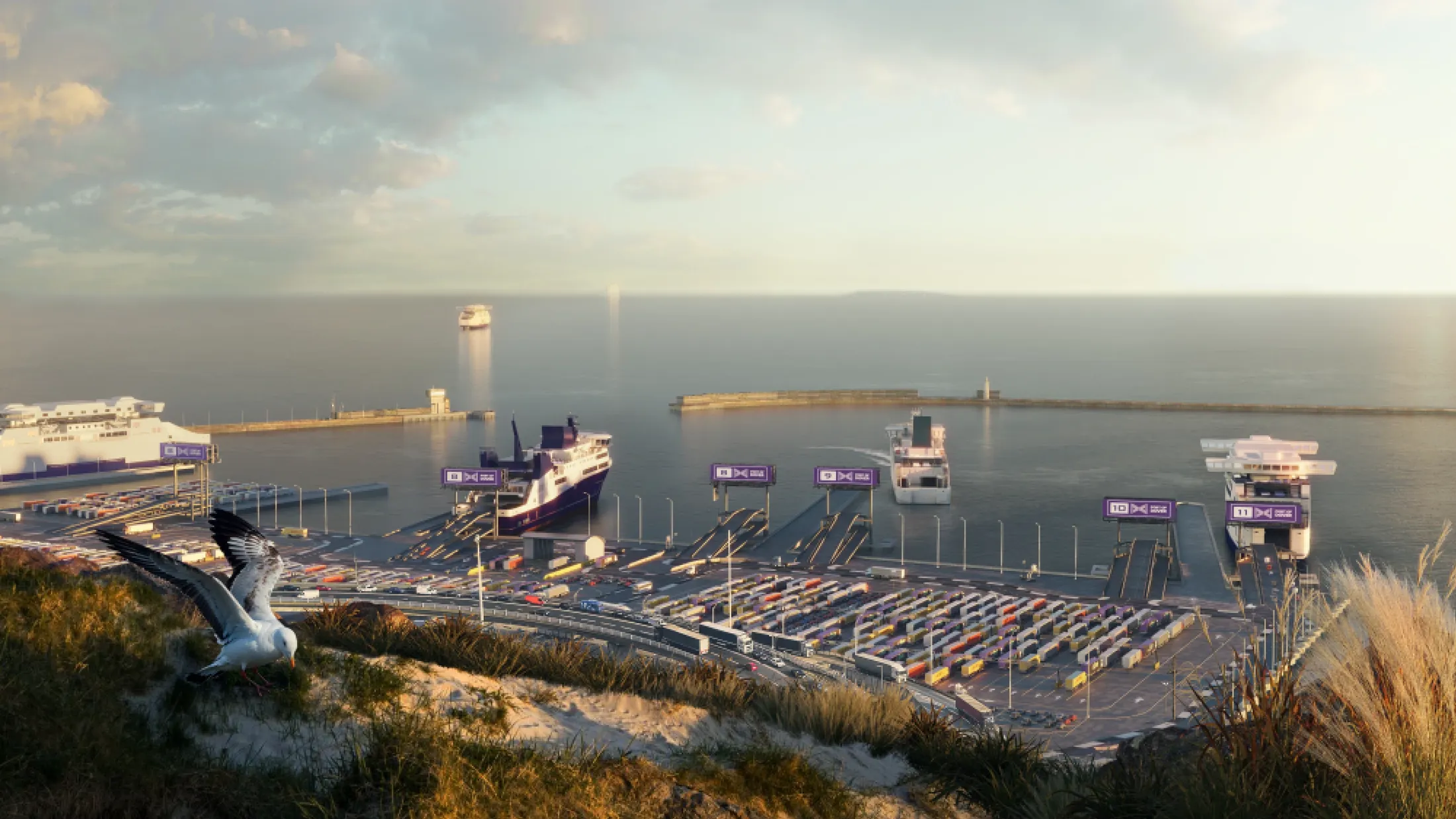 Visualisation image of cruises docked at the Eastern docks on a bright day