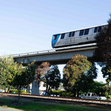 A train on an elevated guideway