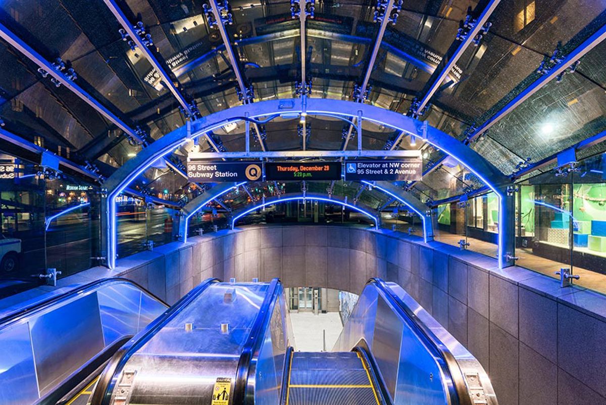  The canopy entrance to 96th Street Station is lit with bright blue LEDs to guide riders into the station.