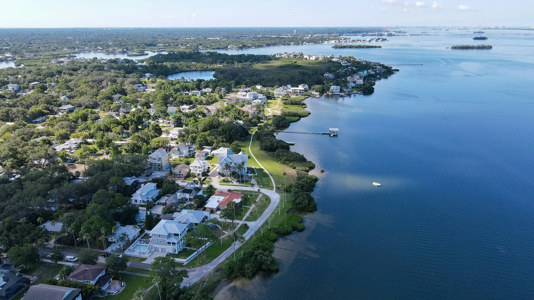 A town next to a body of water.