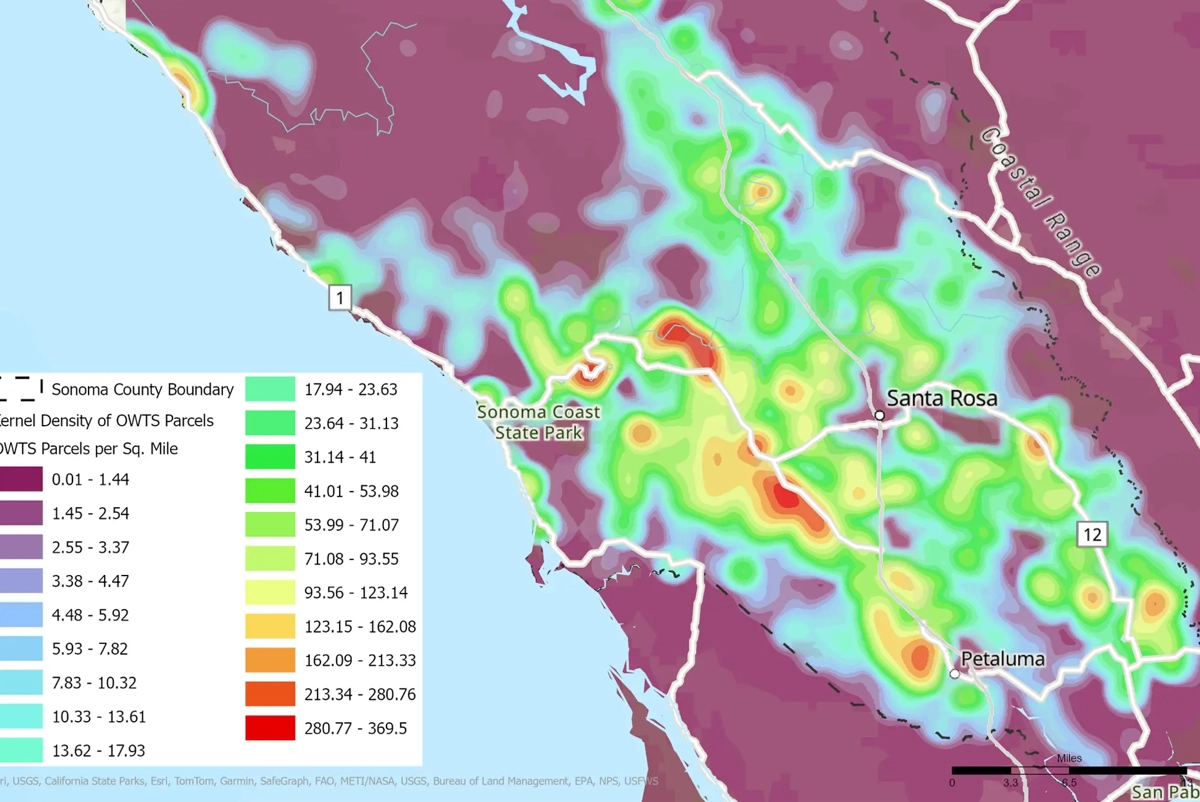 Map showing density of septic systems across the county as number of septic systems per square mile