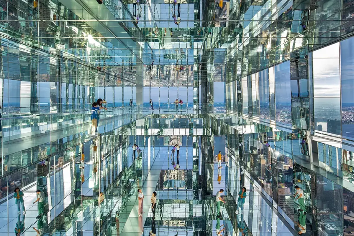 A high angle view of people inside a building.