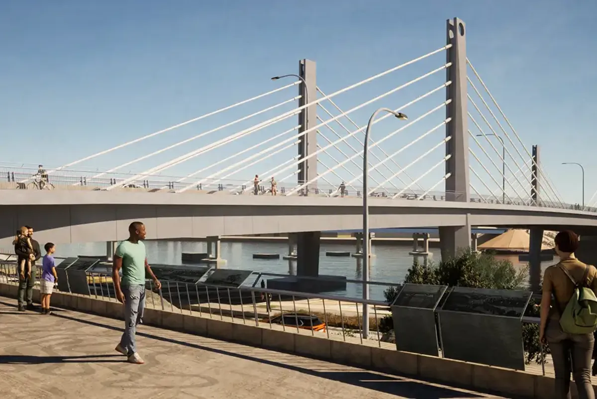 Artist impression of people walking along wide pathways on the waterfront next to the bridge
