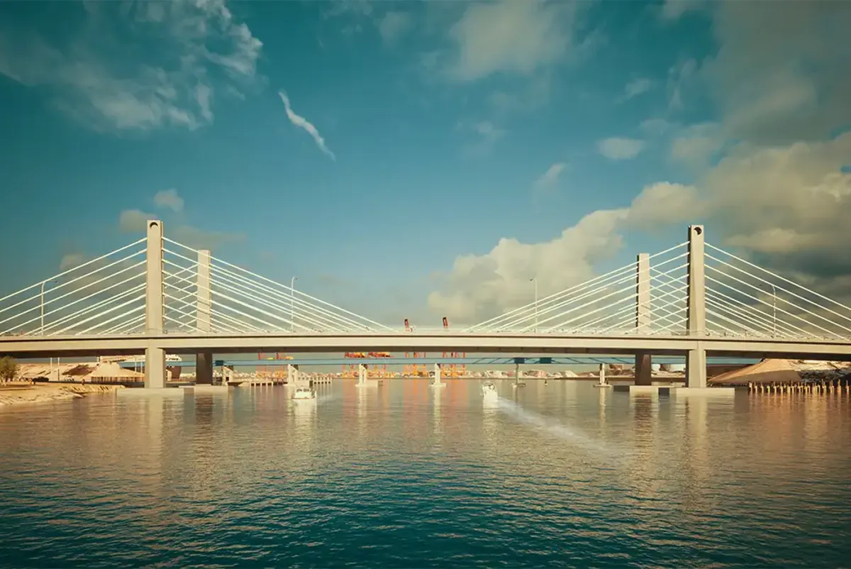 Artist impression of side view of bridge with striking tall masts and cables