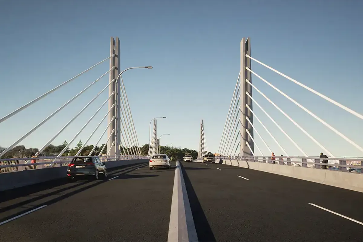 Artist impression of cars driving on the four traffic lanes on bridge
