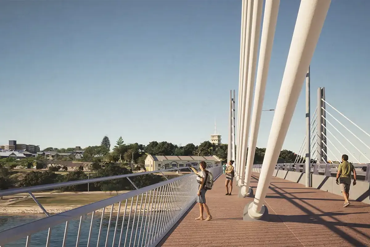 Artist impression of people walking on the pathways on the bridge