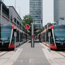 Front view of two light rail trains