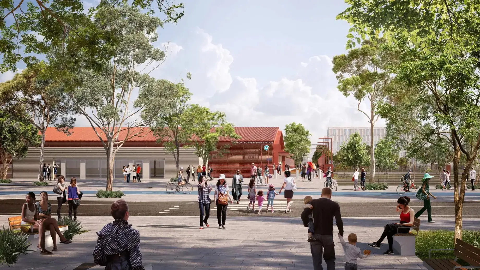 Drawing of a future metro station building near a busy street at Airport Business Park