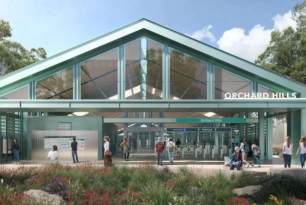 Drawing of a future metro station with large glass panels and gardens at Orchard Hills