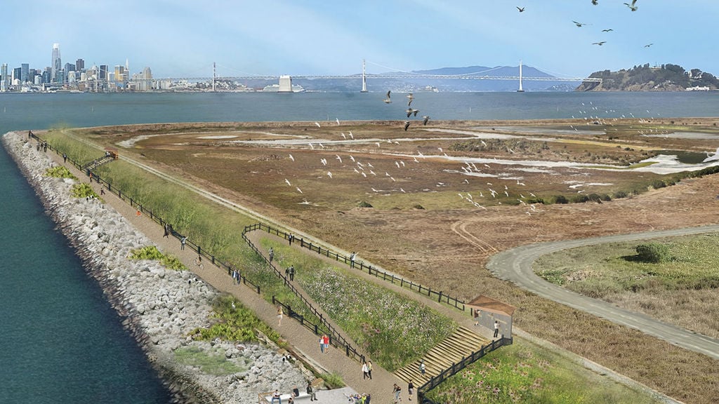 Watercolor rendering of the SF Bay Trail with the city of San Francisco in the background