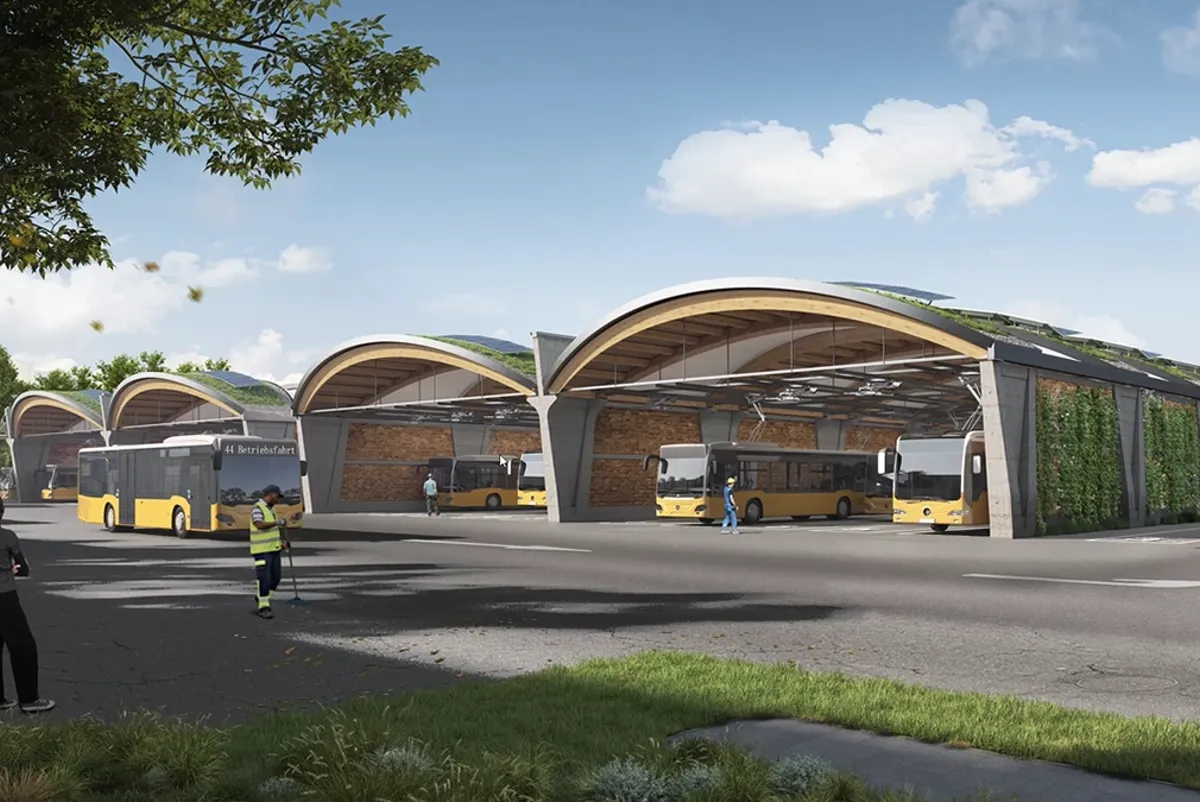 Visualisation of the new bus depot in Stuttgart-Gaisburg with the Co2-neutral re-use brick. © schlaich bergermann partner