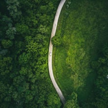 An aerial image of a forest, road and a car