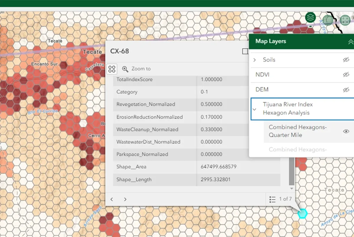 User interface for hexagonal map of Tijuana River Index