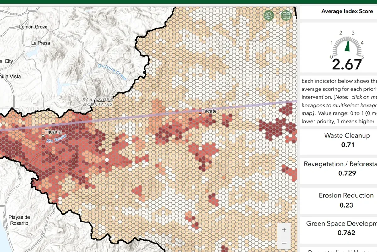 User interface for hexagonal map of Tijuana River Index