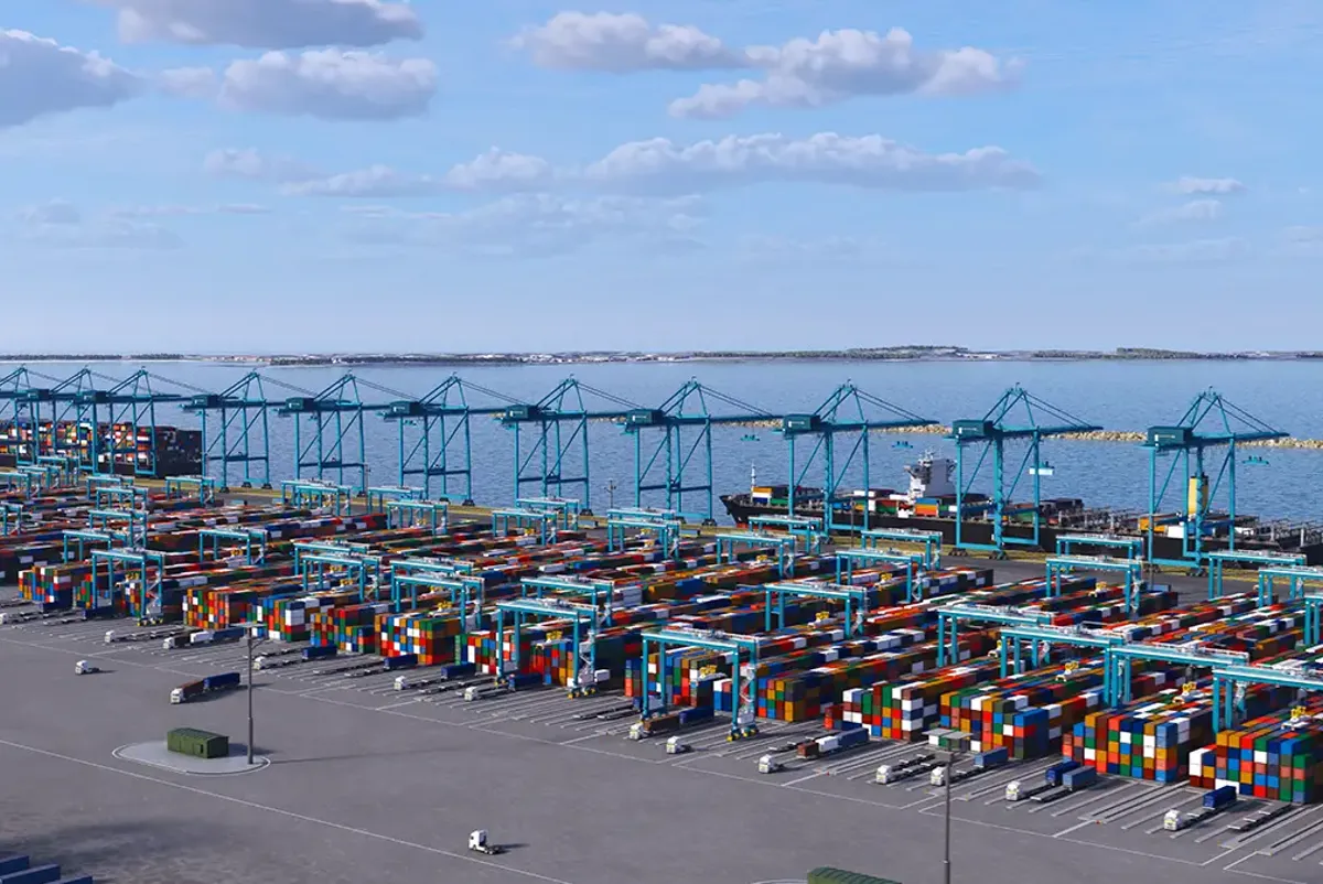 Port design with shipping containers, forklift trucks and cranes