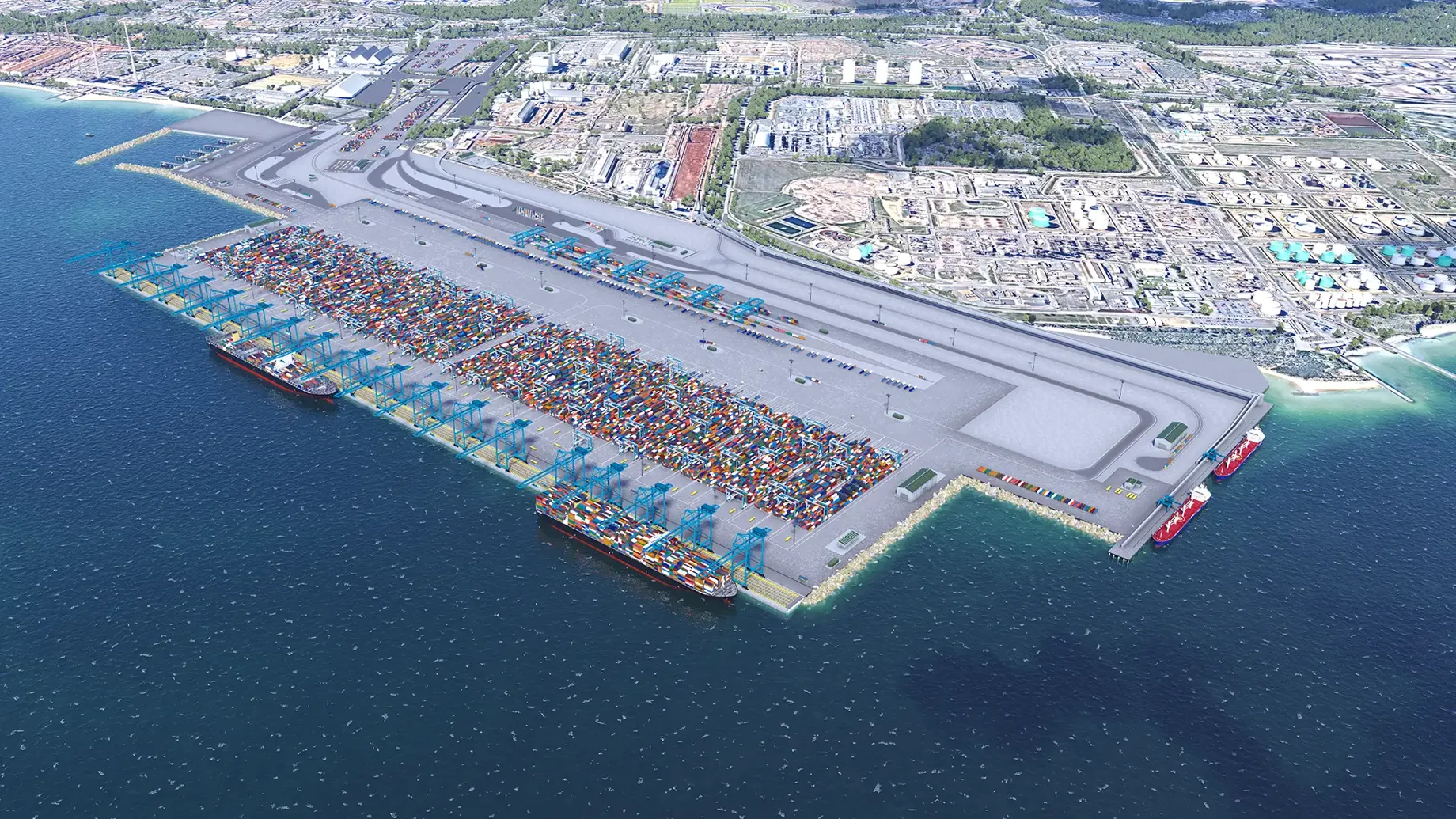 Design showing large waterfront shipping container port 