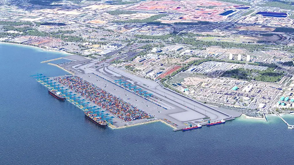 Design showing large waterfront shipping container port 