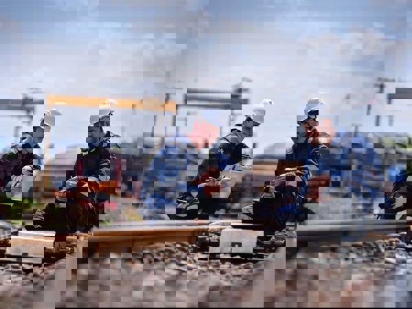 Engineers working on a railway construction site