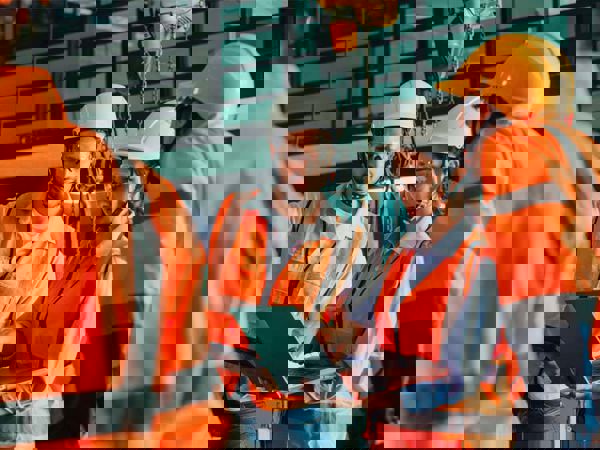 A group of people wearing safety vests and looking at a tablet.