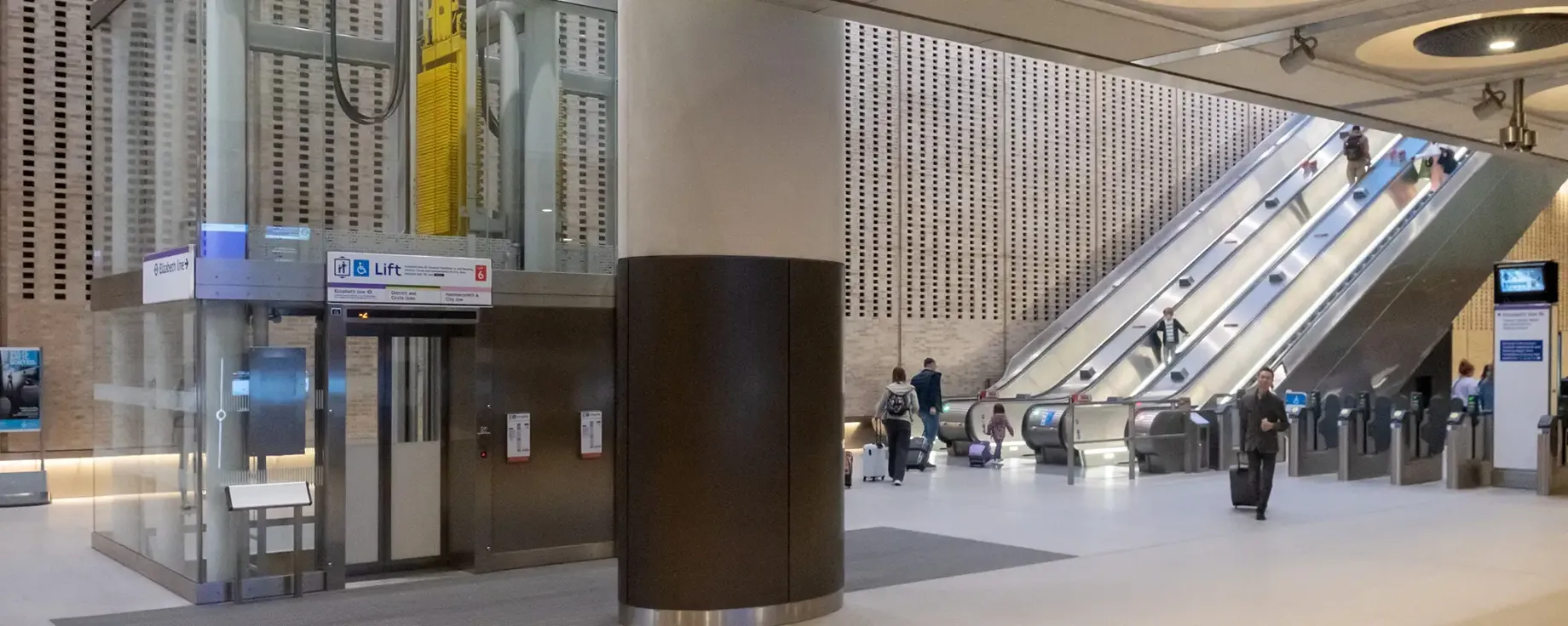 A group of people in a large building.