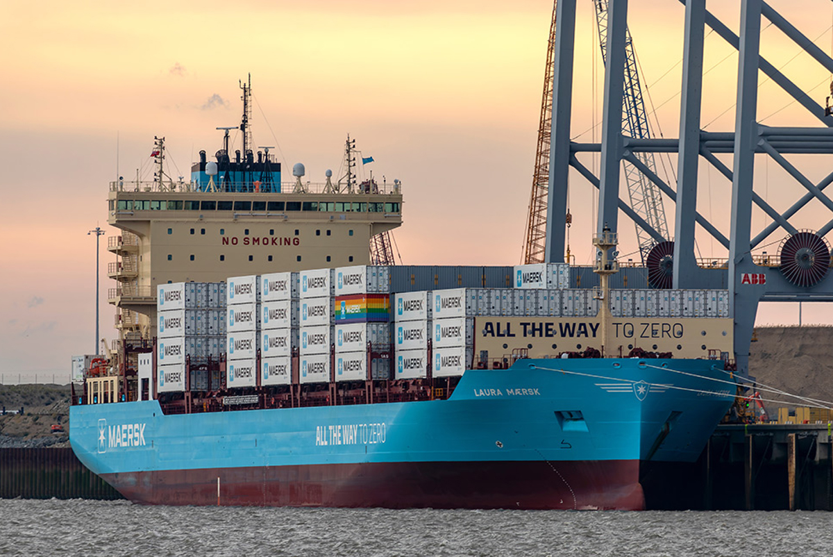 The world’s first green methanol enabled container vessel, built by Odense Steel Shipyard in Denmark 